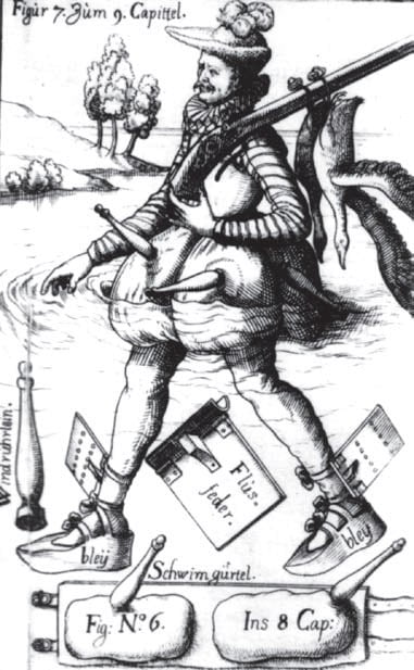 Изобретение Франца Кесслера (1617 г.). Надувные штаны (со встроенными насосами и «баллонетами»: за неимением резины еще кожаными) и «ножные плавники»